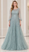 Front view of woman wearing dusty blue beaded tulle A-line evening gown with 3/4 illusion sleeves
