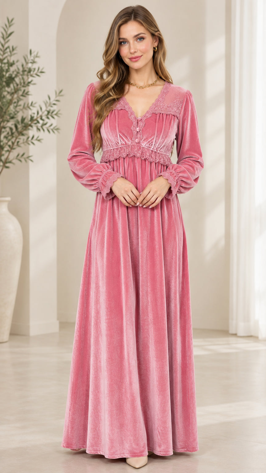 Front view of model wearing dusty pink lace trim velvet maxi dress