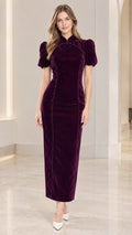Front full-length view of woman wearing Plum Mandarin Collar Puff Sleeve Velvet Maxi Dress