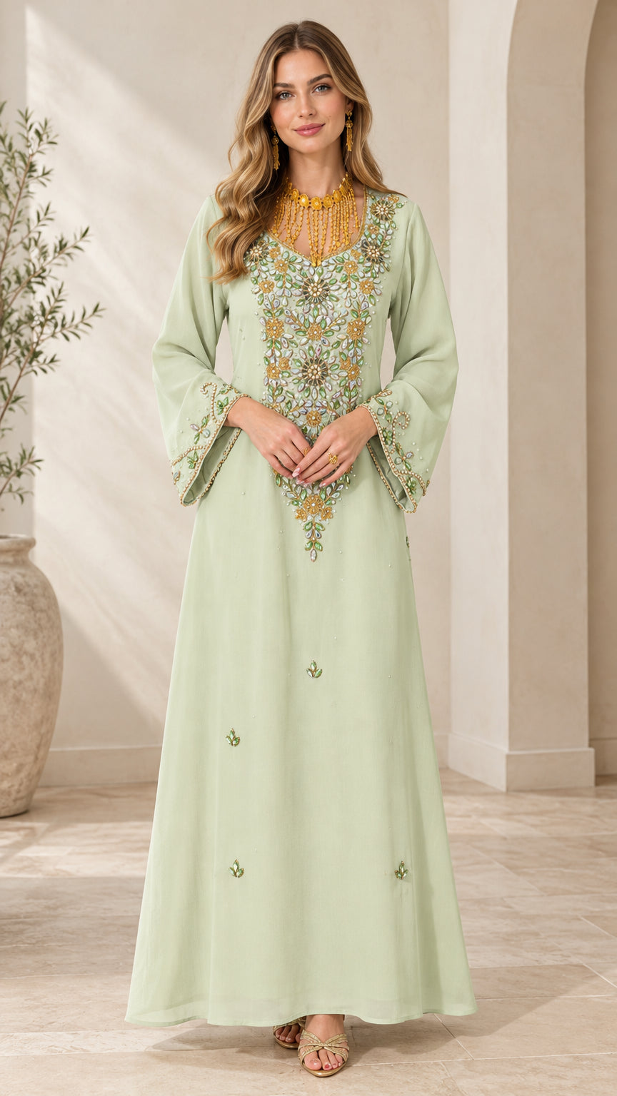 Front full view of woman wearing Mint Green embellished kaftan maxi dress