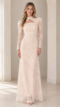 Full front view of Champagne long sleeve floral lace maxi dress with keyhole cutout