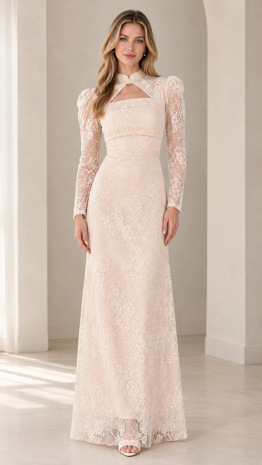 Full front view of Champagne long sleeve floral lace maxi dress with keyhole cutout