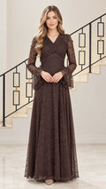 Front full view of chocolate brown beaded lace maxi evening gown