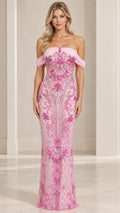 Front view of woman wearing pink off-the-shoulder beaded evening gown