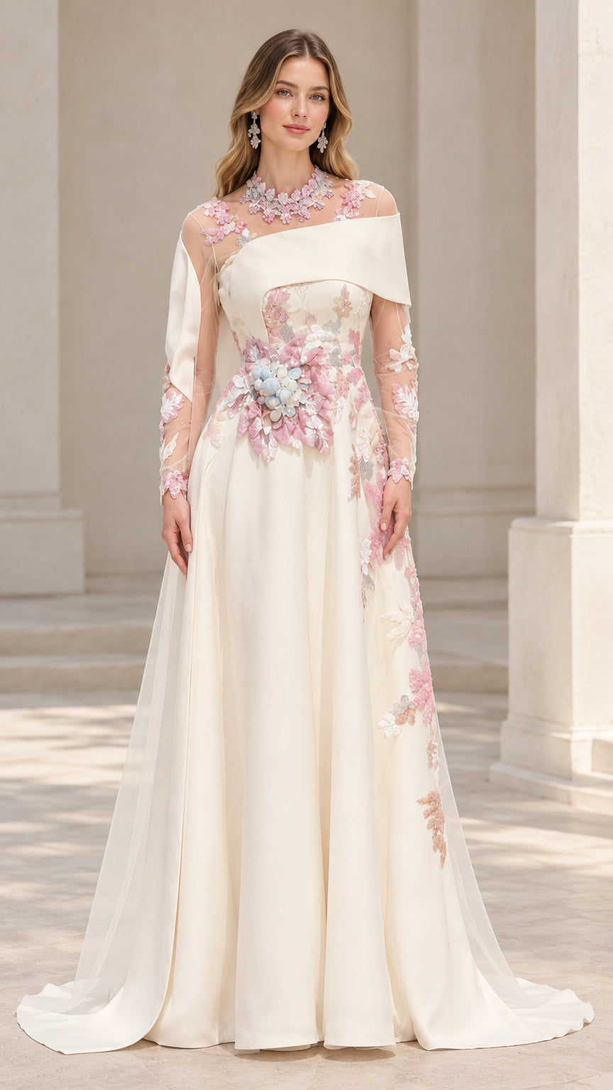 Front full-length view of the Ivory floral appliqué illusion evening gown