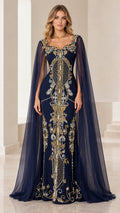 Navy blue embroidered cape sleeve evening gown front view
