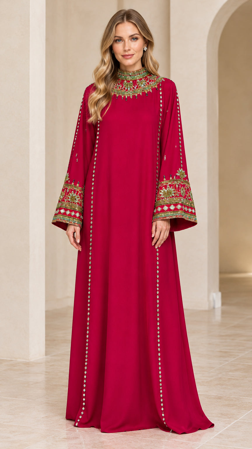 Model wearing Berry Red embroidered high neck maxi abaya dress front view