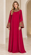 Model wearing Berry Red embroidered high neck maxi abaya dress front view