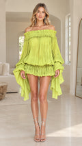 Chartreuse off-the-shoulder pleated mini dress with draped sleeves front view