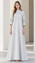Front full view of light grey mock neck maxi dress with chevron pleated bodice