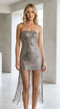 Model wearing silver strapless metallic mini dress with long fringe trim front view