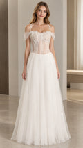 Full front view of white off-shoulder corset tulle maxi gown on model