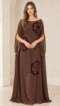 Front view of model wearing Chocolate Brown floral applique split sleeve kaftan maxi gown