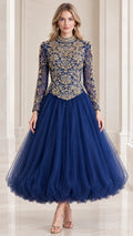 Embellished high neck long sleeve tulle ball gown in royal blue front view