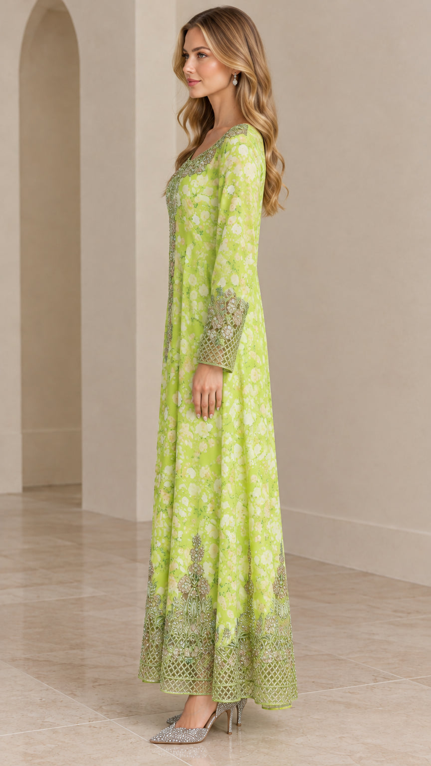 Side profile view of Lime Green floral long sleeve formal maxi dress