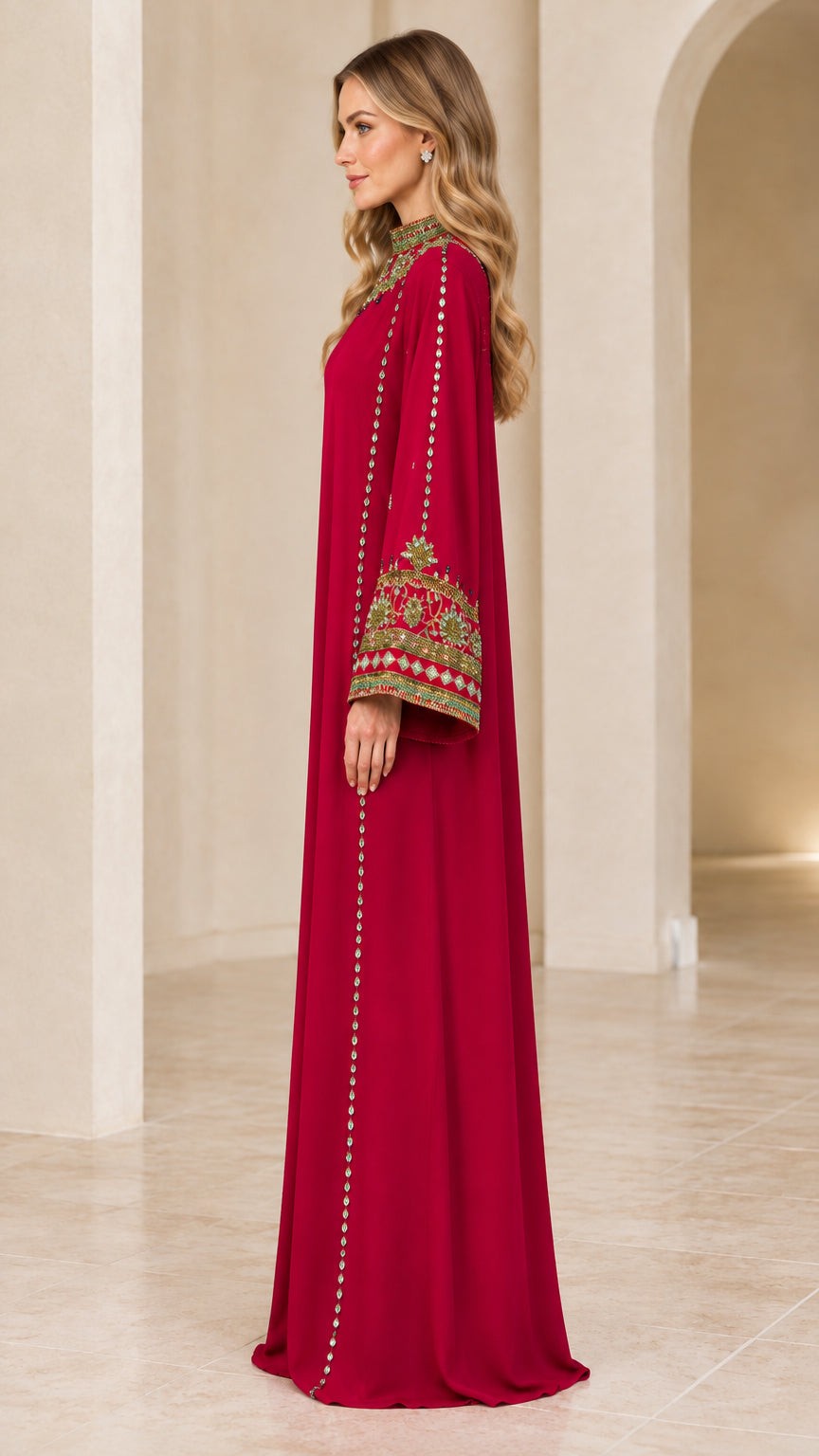 Side profile of model in Berry Red long sleeve embellished abaya gown