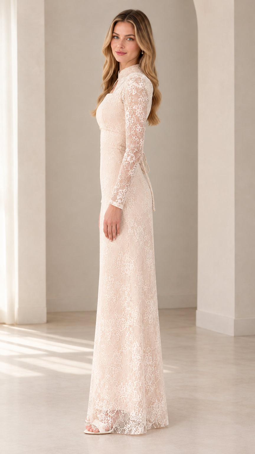 Side profile of Champagne lace evening gown showing floor-length column silhouette