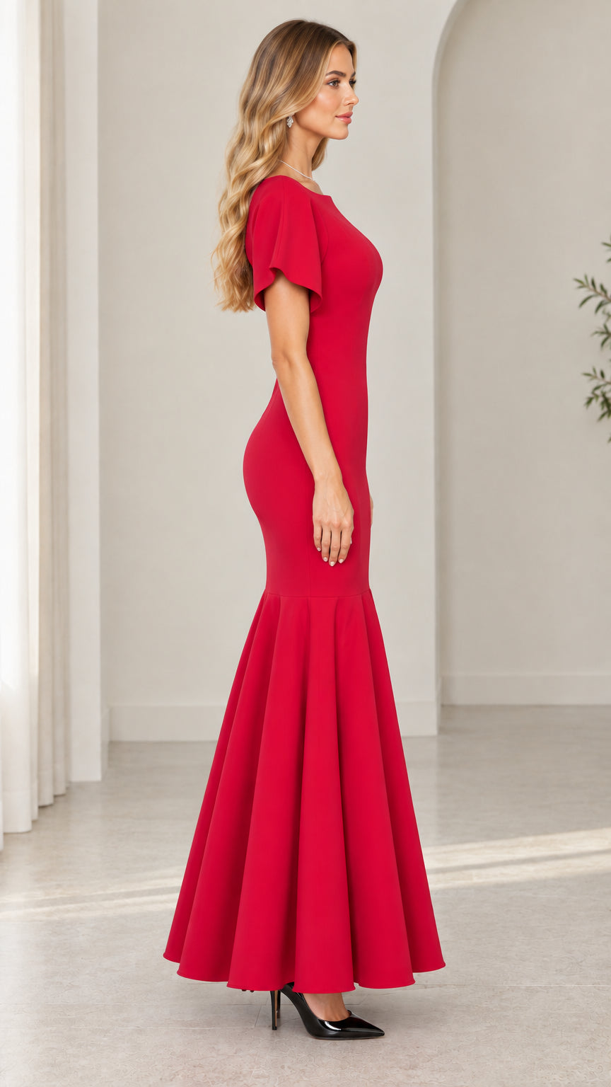 Side profile of woman in red boat neck trumpet formal dress