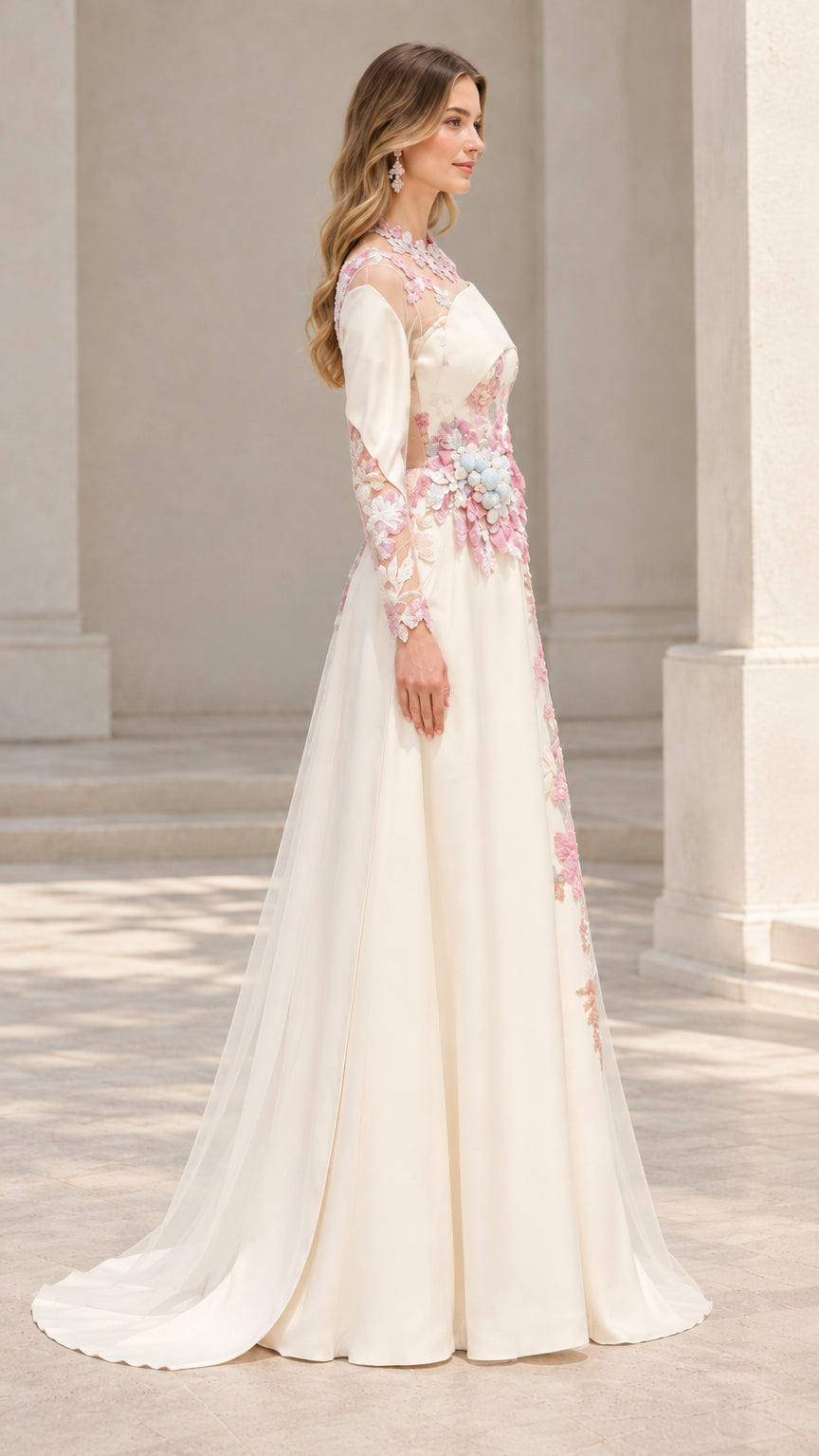 Side profile view of the Ivory floor-length embroidered formal dress