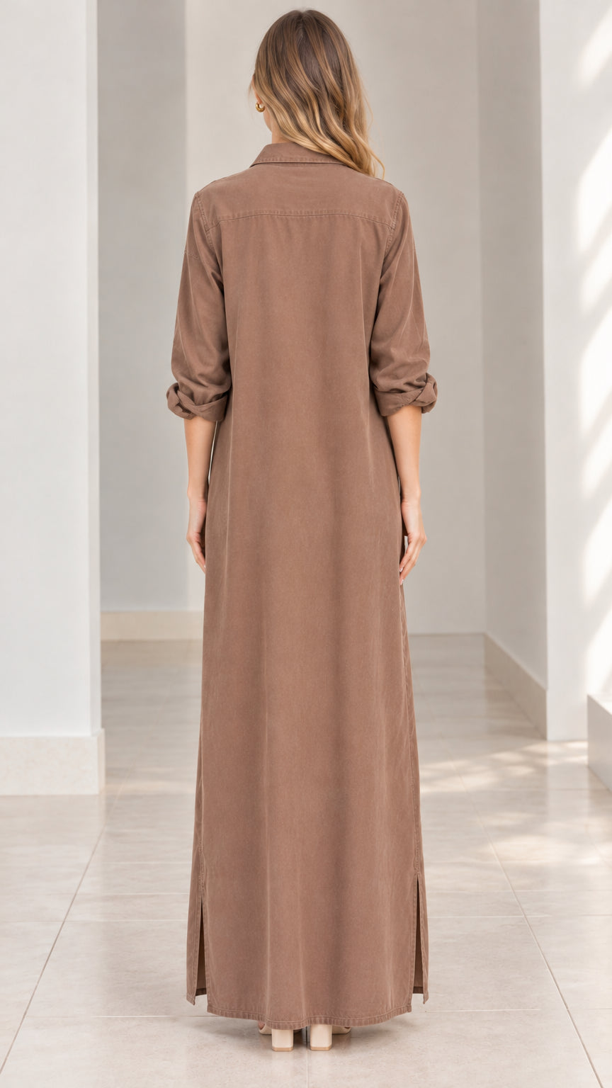 Back view of woman wearing mocha brown button-down maxi dress