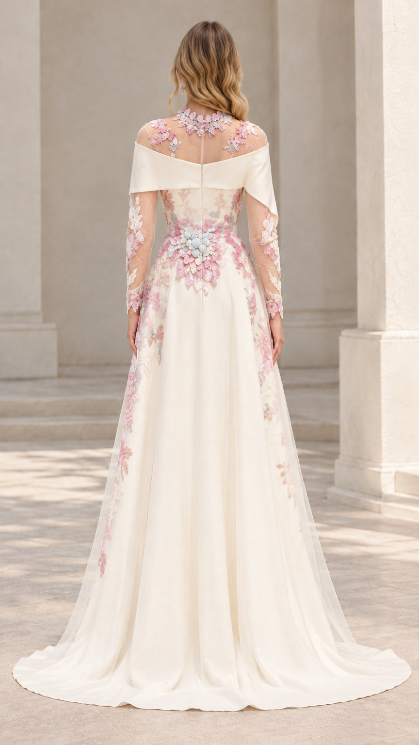 Back view of the Ivory evening gown featuring sheer illusion floral embroidery