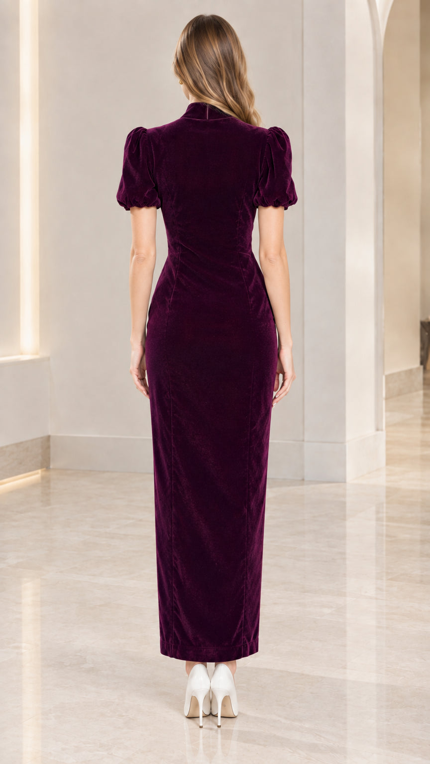 Back full-length view of Plum Mandarin Collar Puff Sleeve Velvet Maxi Dress