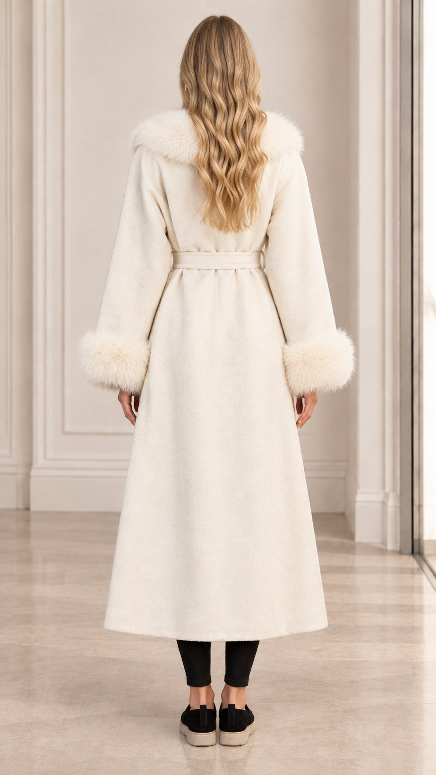 Back view of women's ivory full-length belted wrap coat with plush faux fur trim
