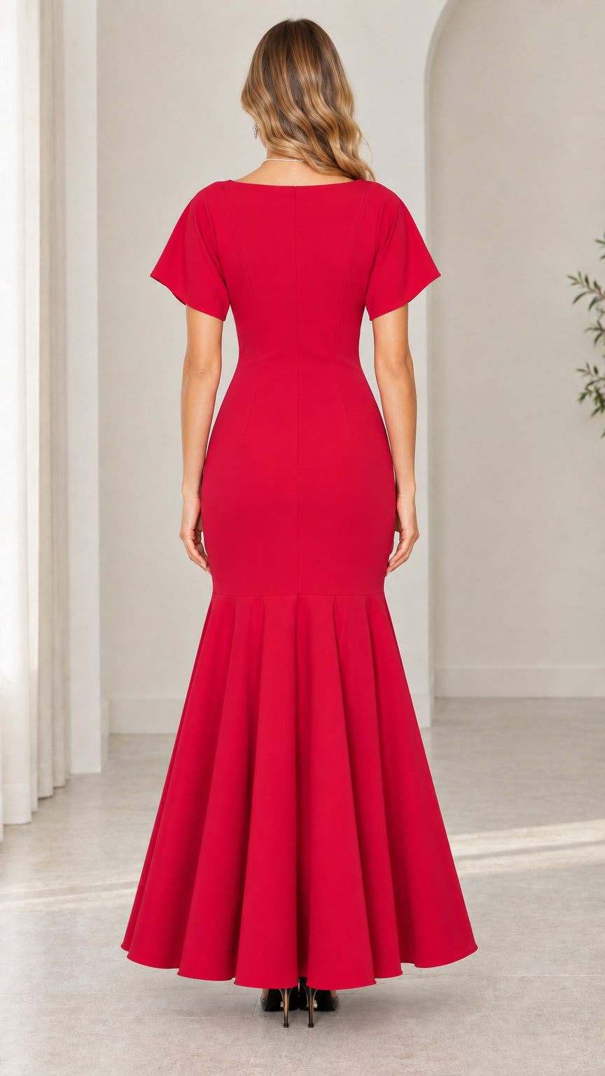 Back view of woman wearing red floor-length mermaid evening gown