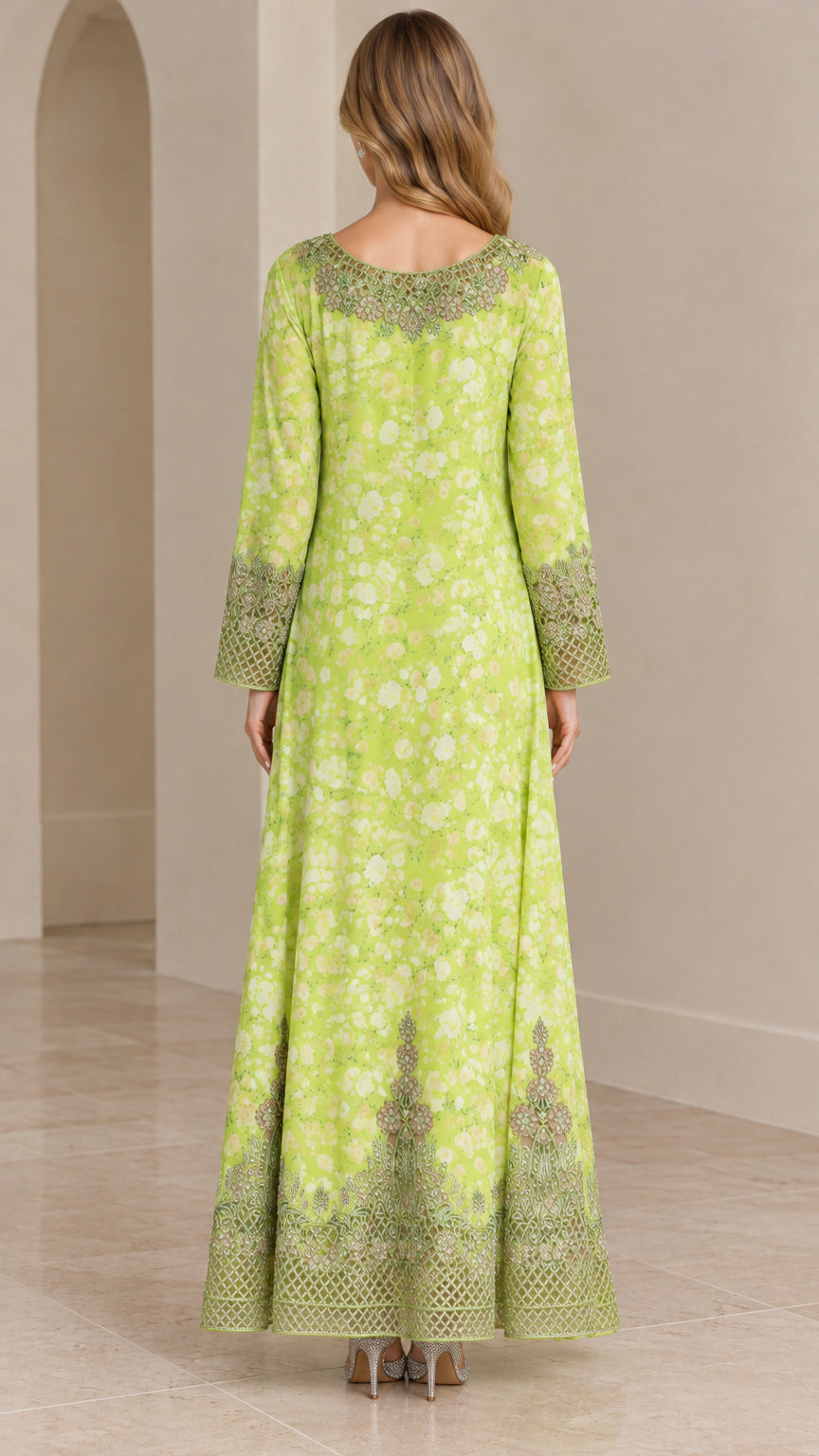 Back view of Lime Green floral embroidered maxi dress showing graceful drape