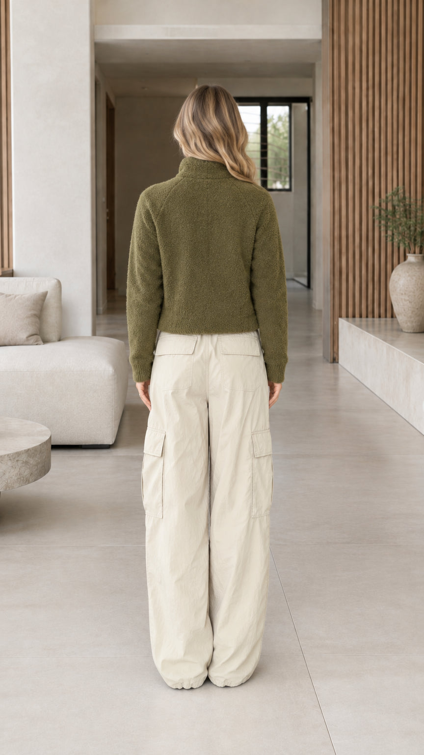 Back full-length view of olive green textured fleece stand collar jacket
