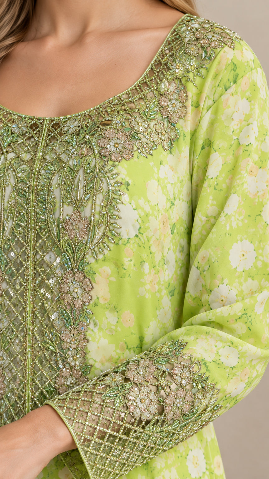 Close-up detail of ornate embroidery along the neckline and cuffs on Lime Green maxi dress