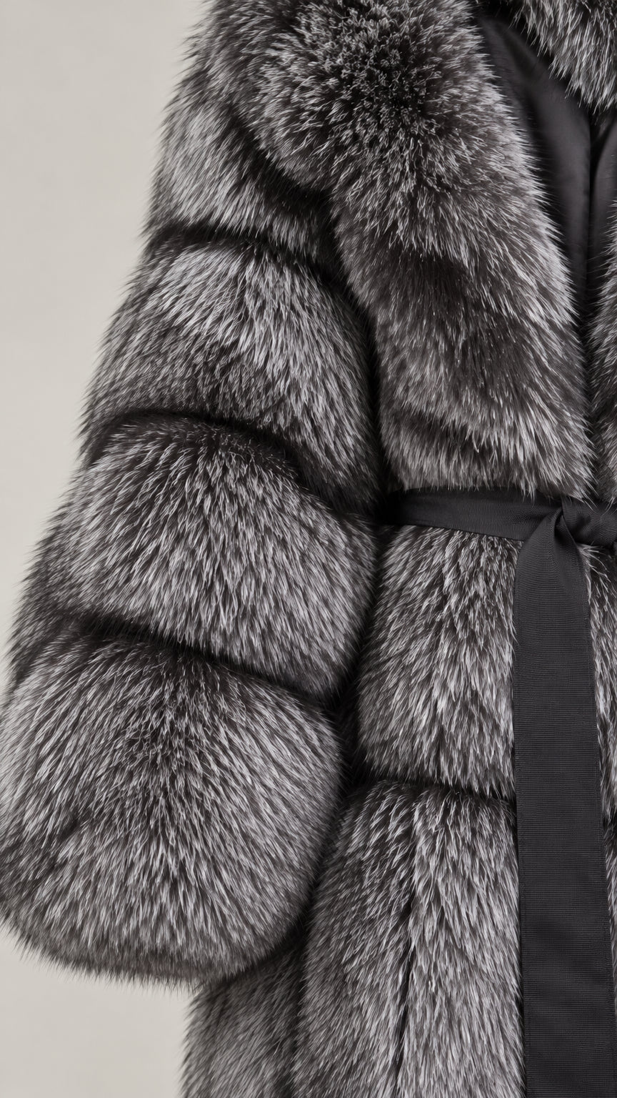Close-up detail of the textured silver grey faux fur fabric and black tie belt