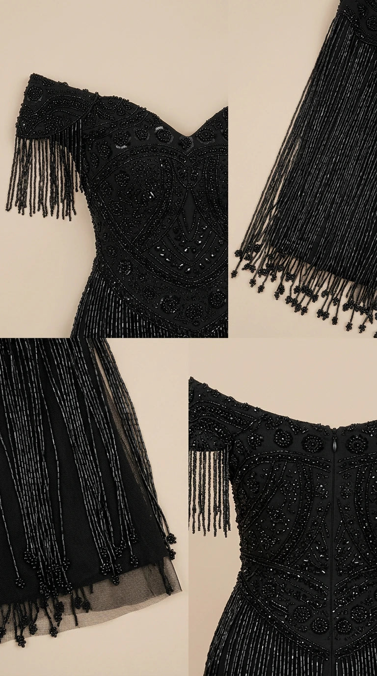 Close-up details of intricate beadwork, fringed sleeves, and mesh fabric