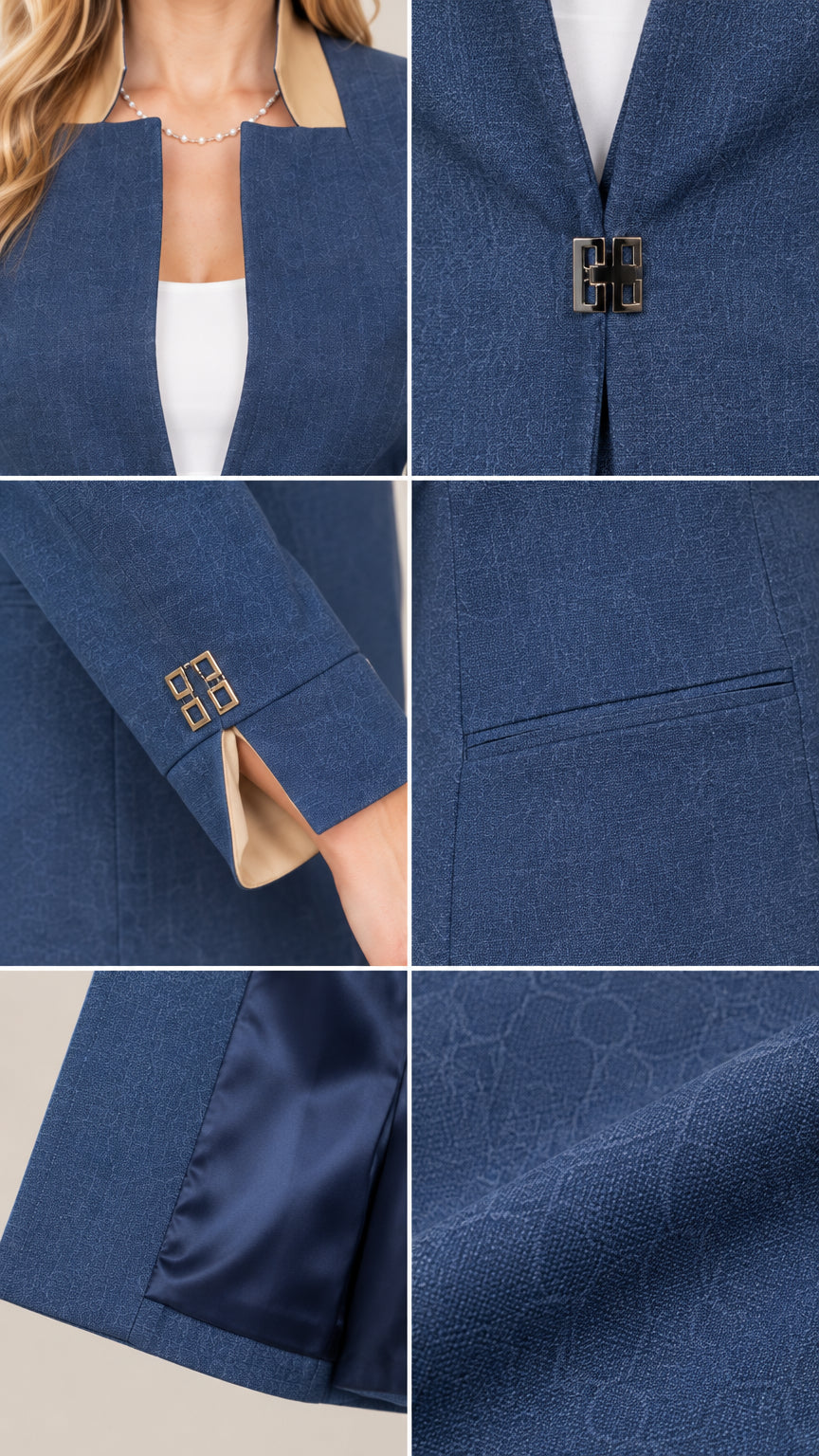 Detailed close-ups of neckline trim, buckle closure, slit cuff, and textured fabric