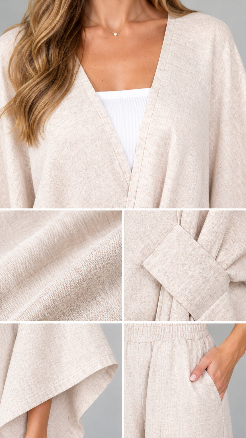 Close-up details of fabric texture, neckline, front tie drape, and pocket on beige set