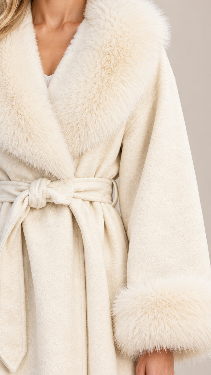 Close-up detail of plush faux fur collar, wrap front, and waist belt on ivory coat