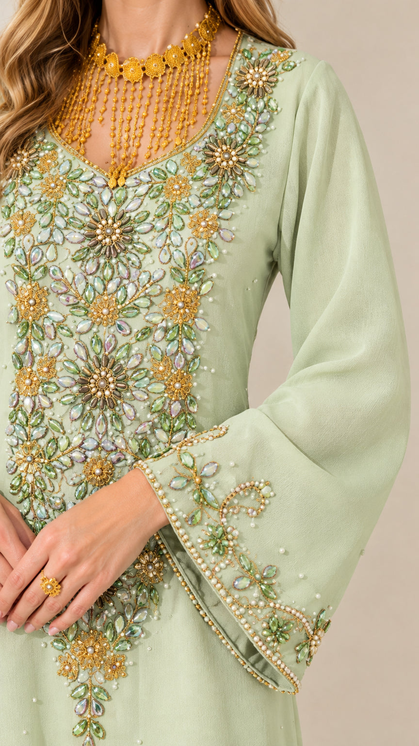 Close-up detail of intricate crystal and bead embroidery on bodice and neckline