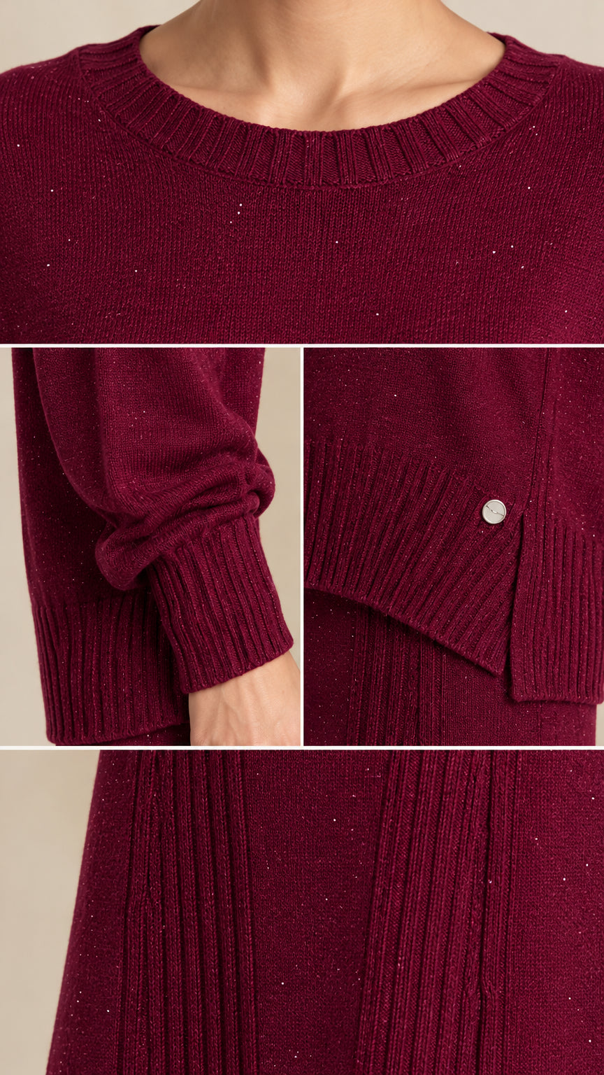 Close-up detail of neckline, ribbed cuff, side split hem, and textured shimmer knit