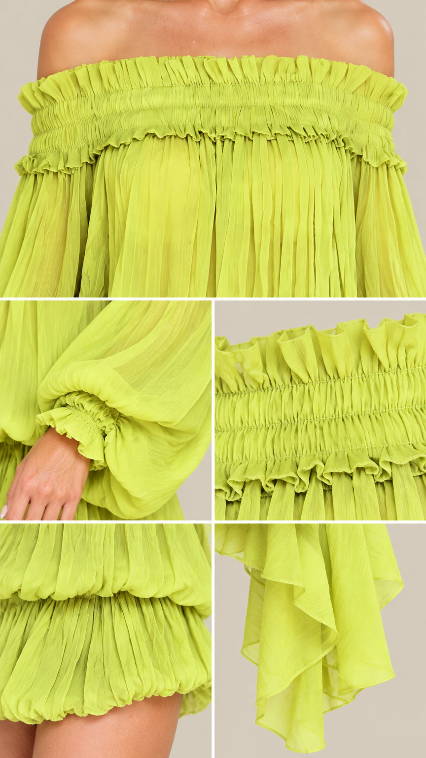 Close-up detail of smocked neckline, pleating, and cuff construction