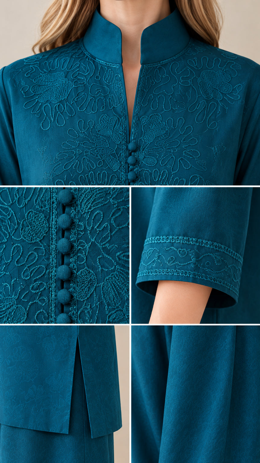 Close-up details of embroidery, mandarin collar, buttons, and side slit on Teal set