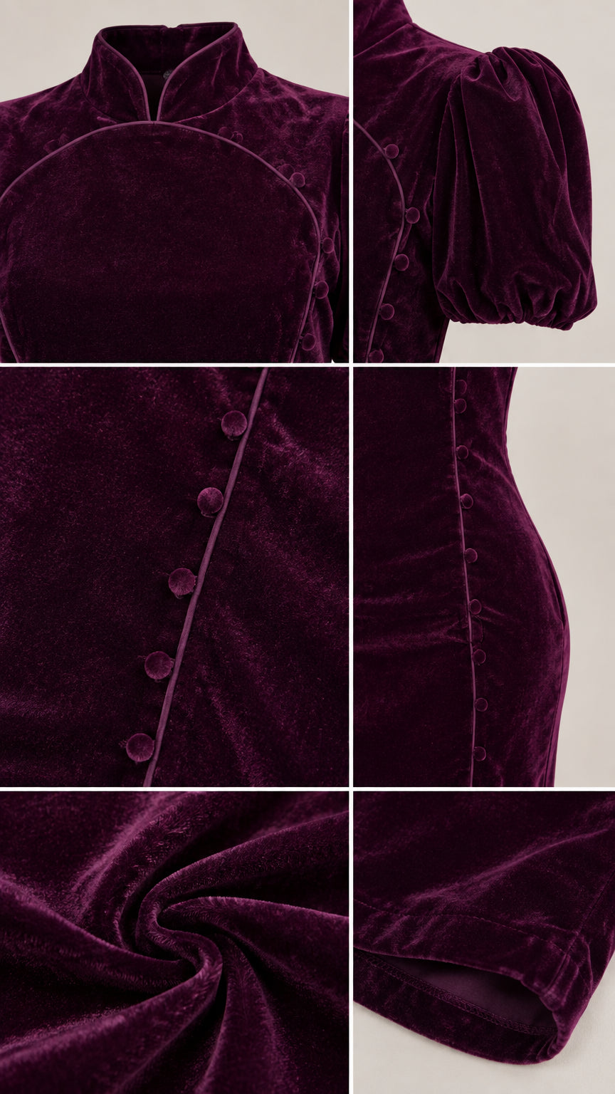 Close-up details of collar, puff sleeve, fabric texture, and button accents on velvet dress