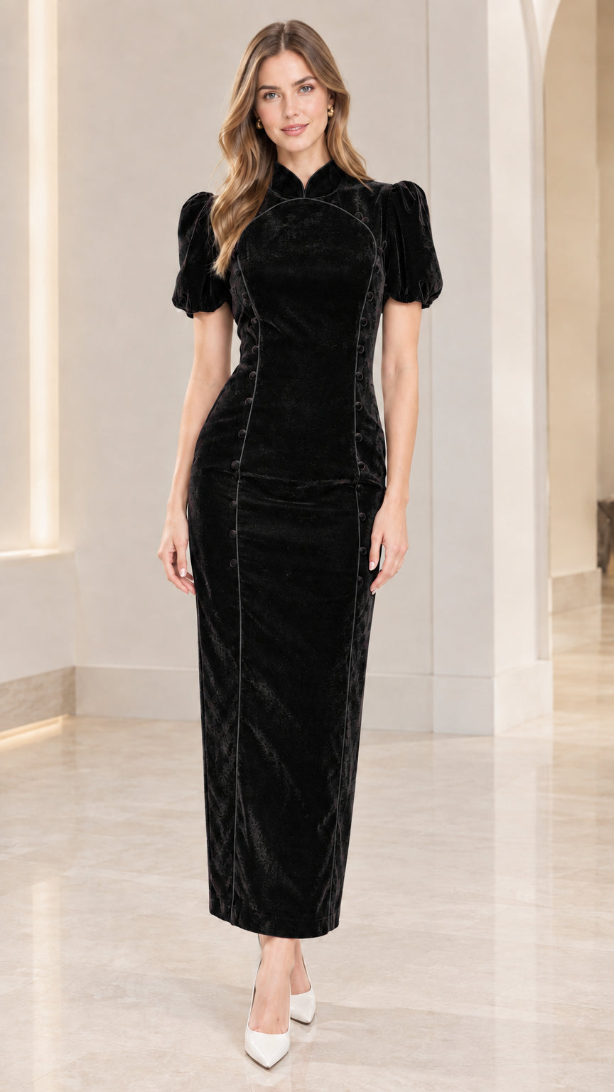 Full-length front view of model in Black Mandarin Collar Velvet Maxi Dress