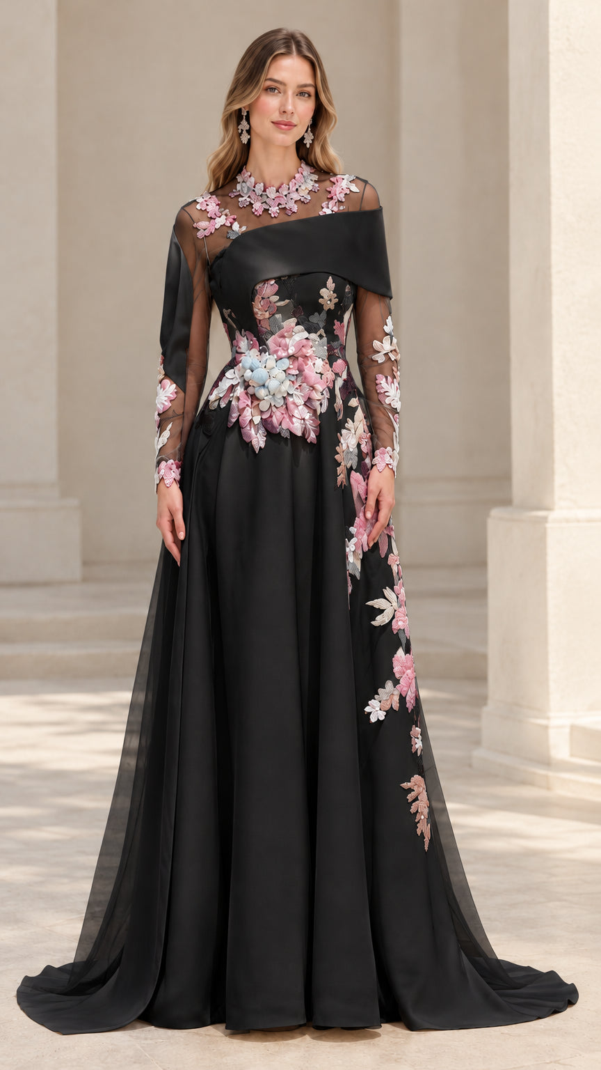 Front view of the floral embroidered formal gown in Black