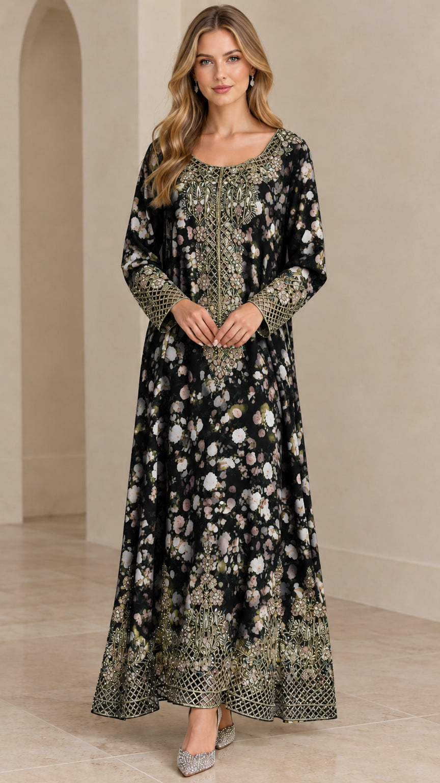 Black floral embroidered long sleeve maxi dress front view