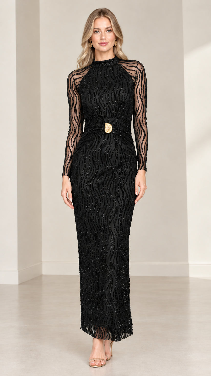 Front view of model wearing black embellished long sleeve maxi dress