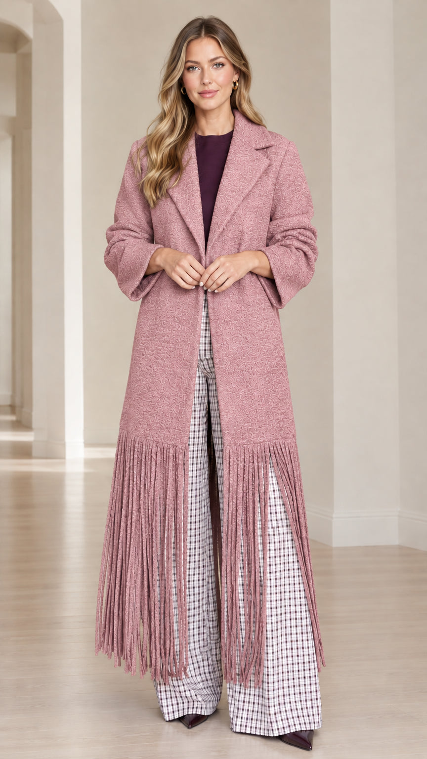 Model wearing Dusty Rose textured bouclé fringe hem longline coat