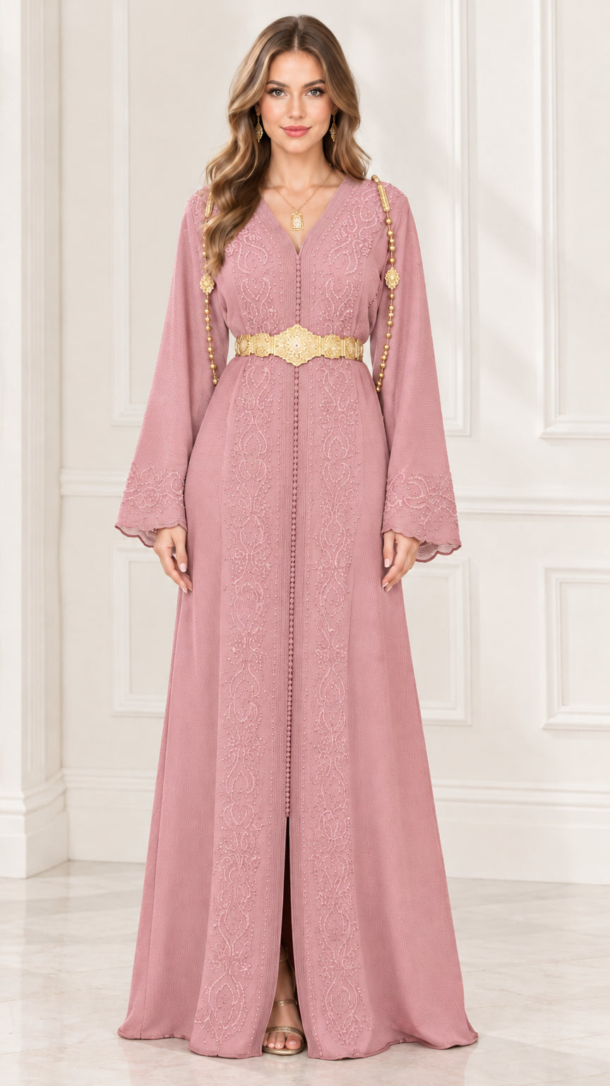 Full front view of Dusty Pink embroidered kaftan maxi dress with gold belt
