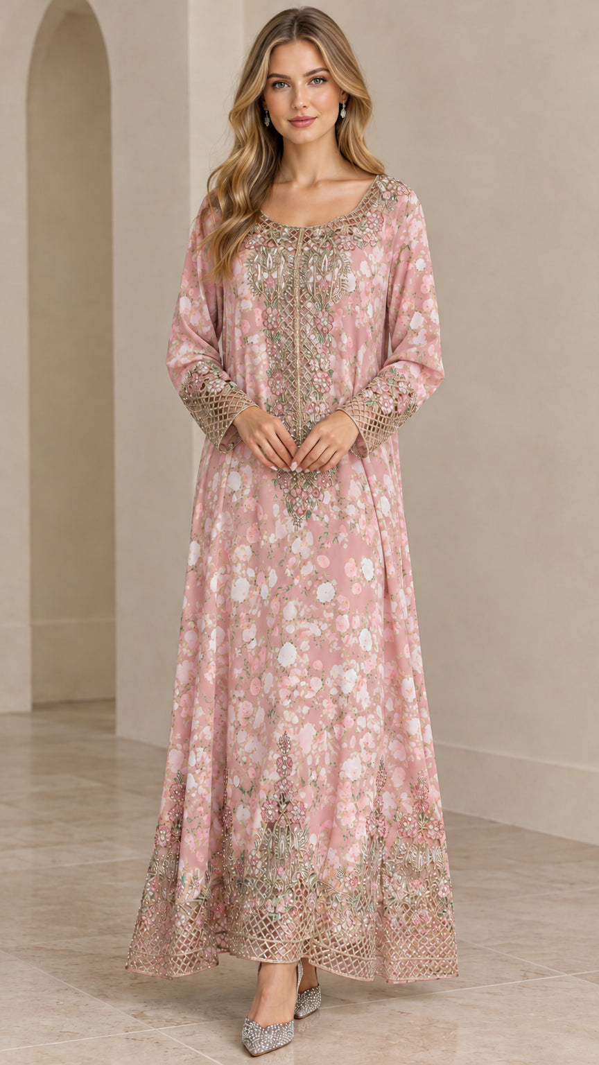 Dusty Pink floral embroidered long sleeve maxi dress front view