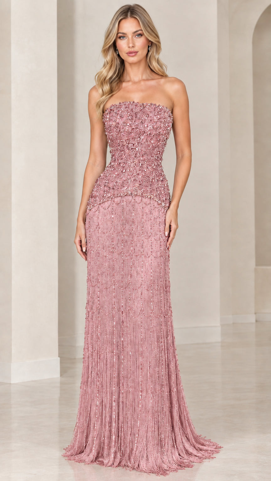 Model wearing dusty pink strapless beaded formal gown