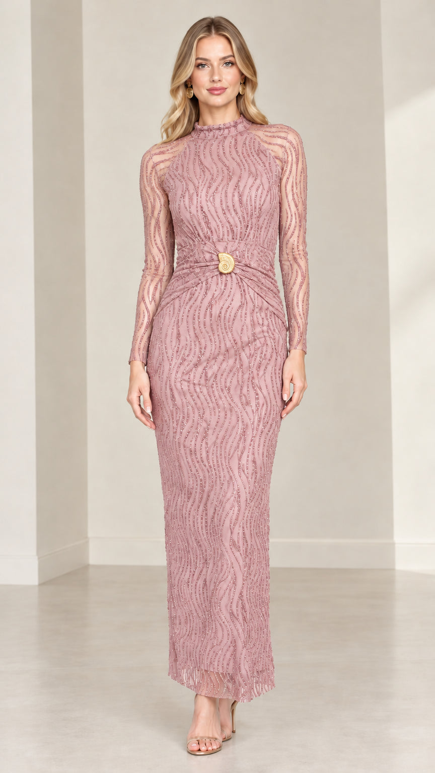 Front view of model wearing dusty rose long sleeve formal maxi gown